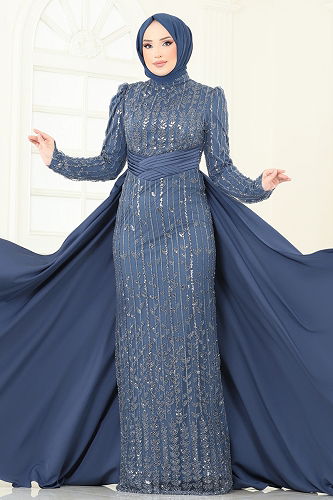 moda selvim Evening Dress 4909D170 Indigo - Thumbnail