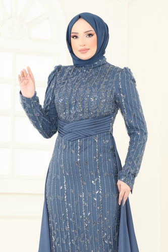 moda selvim Evening Dress 4909D170 Indigo - Thumbnail