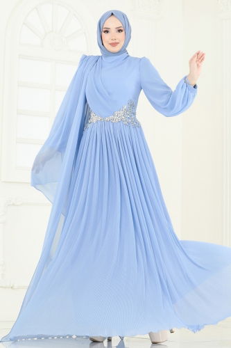 moda selvim فستان سهرة أزرق فاتح 4916SRH861 - Thumbnail