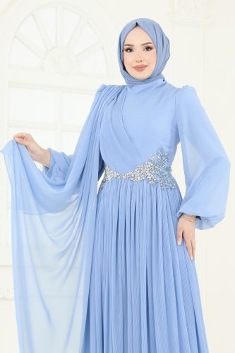 moda selvim فستان سهرة أزرق فاتح 4916SRH861 - Thumbnail