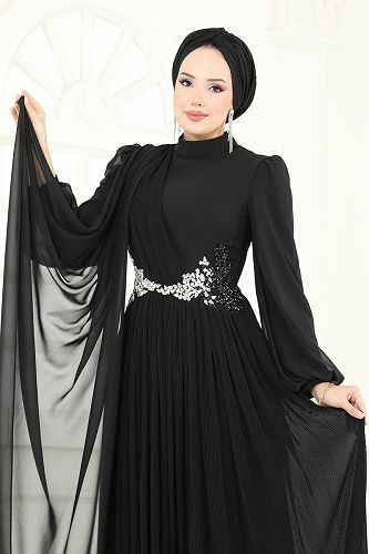 moda selvim فستان سهرة أسود 4916SRH861 - Thumbnail