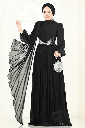 moda selvim فستان سهرة أسود 4916SRH861 - Thumbnail