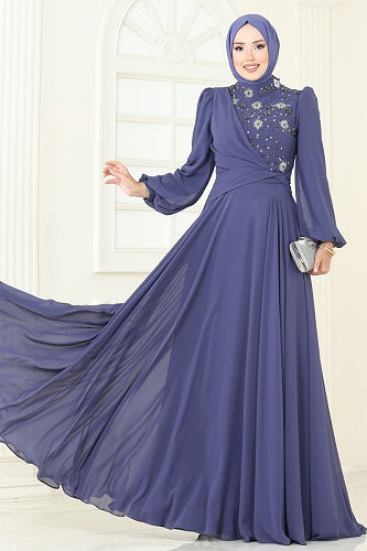 moda selvim Evening Dress 4923SRH861 Indigo - Thumbnail
