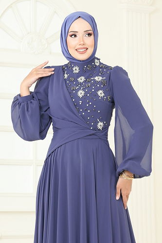 moda selvim Evening Dress 4923SRH861 Indigo - Thumbnail