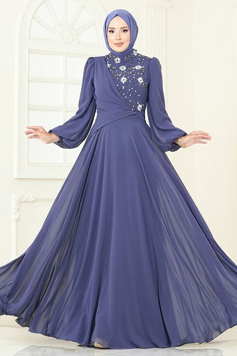 moda selvim فستان سهرة ازرق 4923SRH861 - Thumbnail