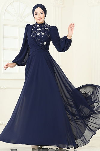 moda selvim فستان سهرة كحلي 4923SRH861 - Thumbnail