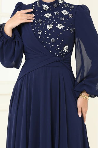 moda selvim فستان سهرة كحلي 4923SRH861 - Thumbnail