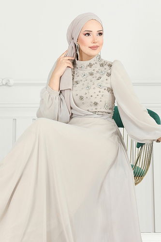 moda selvim Evening Dress 4923SRH861 Stone - Thumbnail