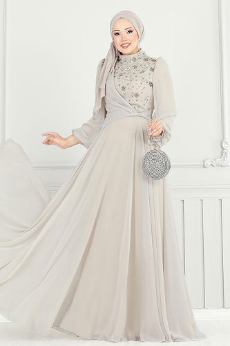 moda selvim فستان سهرة بيج 4923SRH861 - Thumbnail