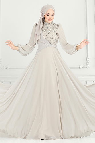 moda selvim فستان سهرة بيج 4923SRH861 - Thumbnail