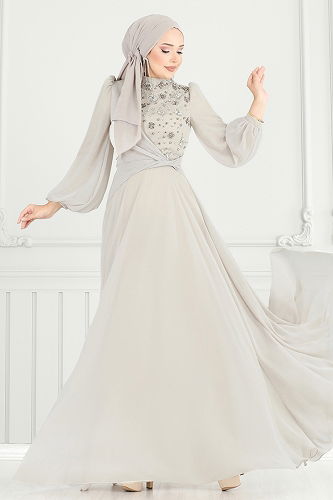 moda selvim فستان سهرة بيج 4923SRH861 - Thumbnail