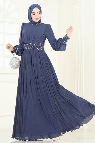 moda selvim Evening Dress 4924SRH861 Indigo - Thumbnail