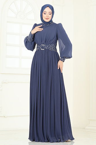 moda selvim Evening Dress 4924SRH861 Indigo - Thumbnail