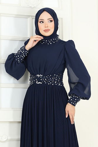 moda selvim فستان سهرة كحلي 4924SRH861 - Thumbnail