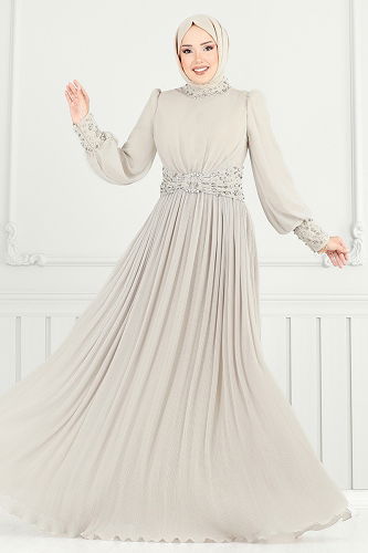 moda selvim Evening Dress 4924SRH861 Stone - Thumbnail