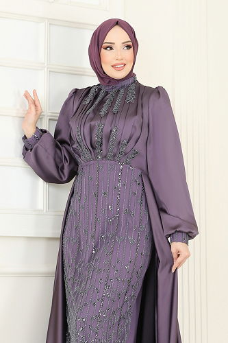 moda selvim Evening Dress 4928D170 Dark Lilac - Thumbnail