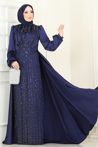 moda selvim Evening Dress 4928D170 Navy Blue - Thumbnail