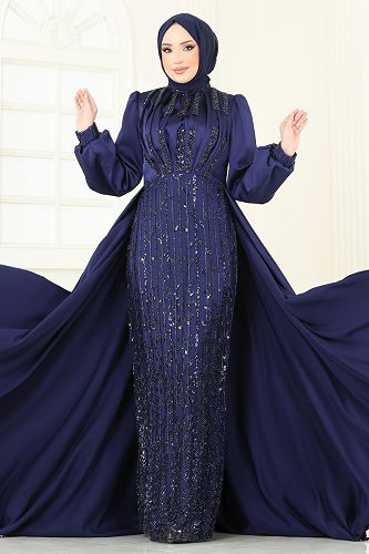 moda selvim Evening Dress 4928D170 Navy Blue - Thumbnail