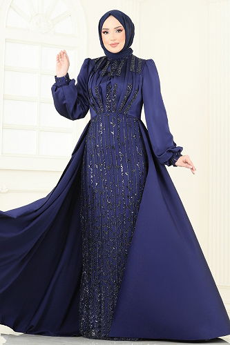 moda selvim Evening Dress 4928D170 Navy Blue - Thumbnail