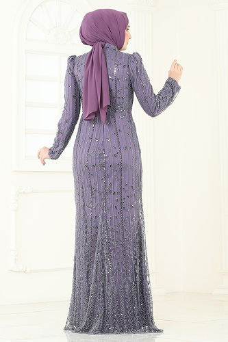 moda selvim Evening Dress 4929D170 Dark Lilac - Thumbnail