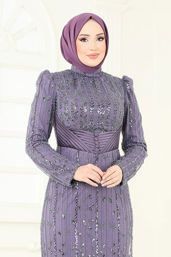 moda selvim Evening Dress 4929D170 Dark Lilac - Thumbnail