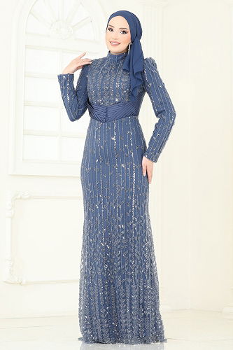 moda selvim Evening Dress 4929D170 Indigo - Thumbnail
