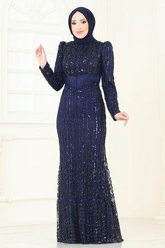 moda selvim Evening Dress 4929D170 Navy Blue - Thumbnail