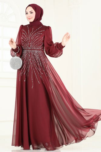 moda selvim Evening Dress 4953D170 Burgundy - Thumbnail