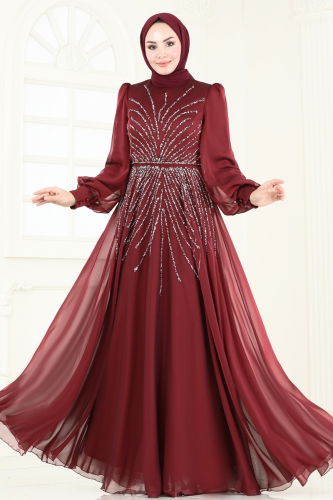 moda selvim Evening Dress 4953D170 Burgundy - Thumbnail