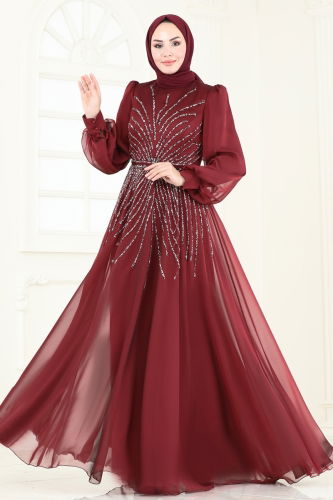 moda selvim Evening Dress 4953D170 Burgundy - Thumbnail