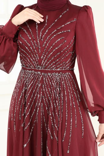 moda selvim Evening Dress 4953D170 Burgundy - Thumbnail