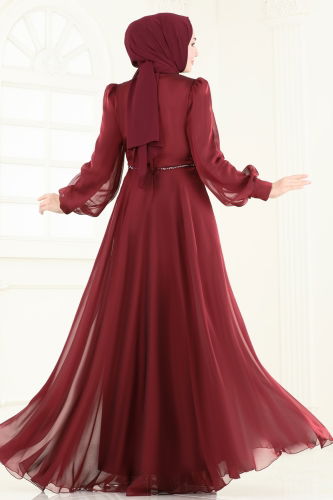 moda selvim Evening Dress 4953D170 Burgundy - Thumbnail