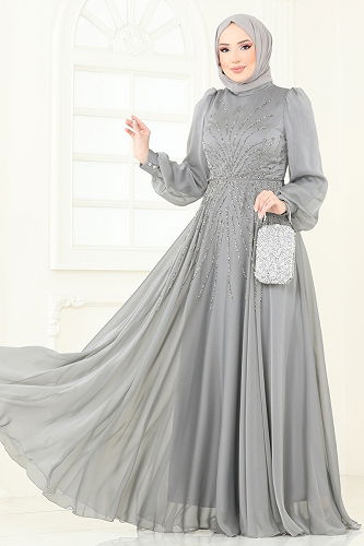 moda selvim Evening Dress 4953D170 Gray - Thumbnail