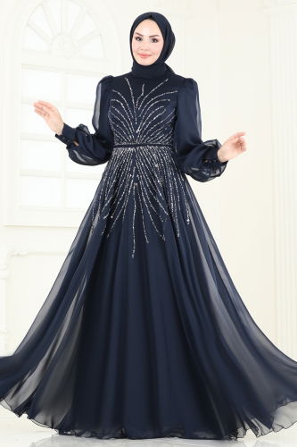 moda selvim Evening Dress 4953D170 Navy Blue - Thumbnail