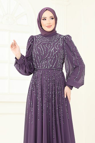 moda selvim Evening Dress 4992D170 Dark Lilac - Thumbnail