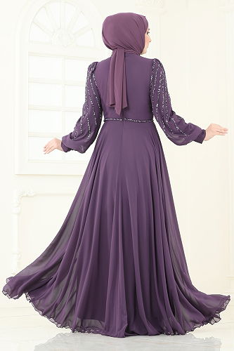 moda selvim Evening Dress 4992D170 Dark Lilac - Thumbnail