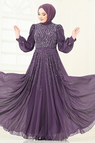 moda selvim Evening Dress 4992D170 Dark Lilac - Thumbnail