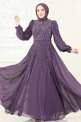 moda selvim Evening Dress 4992D170 Dark Lilac - Thumbnail