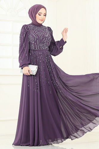 moda selvim فستان سهرة ليلكي غامق 4992D170 - Thumbnail