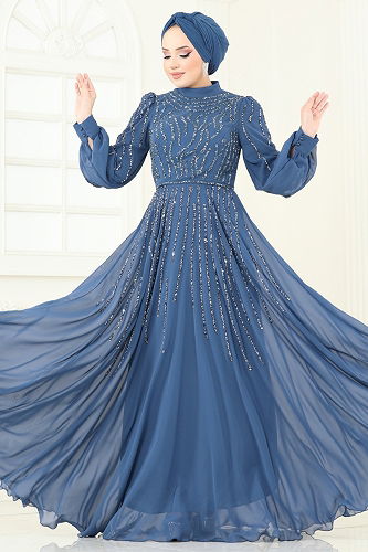 moda selvim Evening Dress 4992D170 Indigo - Thumbnail