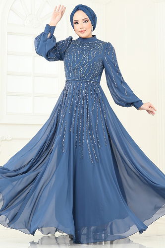 moda selvim Evening Dress 4992D170 Indigo - Thumbnail