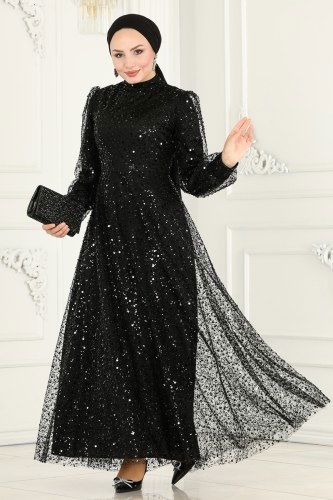 moda selvim فستان سهرة أسود 5014LPN858 - Thumbnail