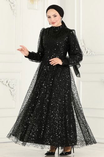 moda selvim فستان سهرة أسود 5014LPN858 - Thumbnail
