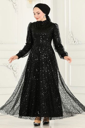 moda selvim فستان سهرة أسود 5014LPN858 - Thumbnail