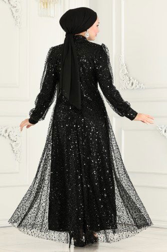 moda selvim فستان سهرة أسود 5014LPN858 - Thumbnail