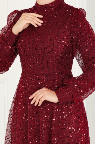 moda selvim Evening Dress 5014LPN858 Burgundy - Thumbnail
