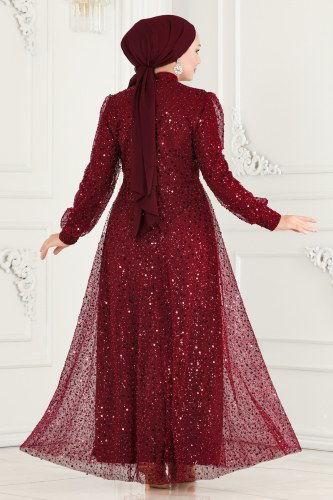 moda selvim فستان سهرة خمري 5014LPN858 - Thumbnail