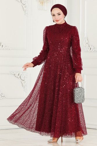 moda selvim فستان سهرة خمري 5014LPN858 - Thumbnail