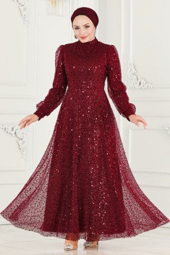 moda selvim فستان سهرة خمري 5014LPN858 - Thumbnail