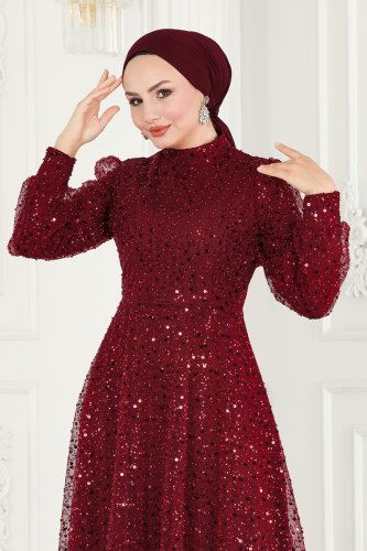 moda selvim فستان سهرة خمري 5014LPN858 - Thumbnail